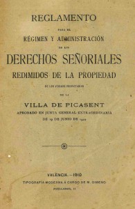 Picassent. Portada del Reglament de Drets Senyorials de Picassent any 1910
