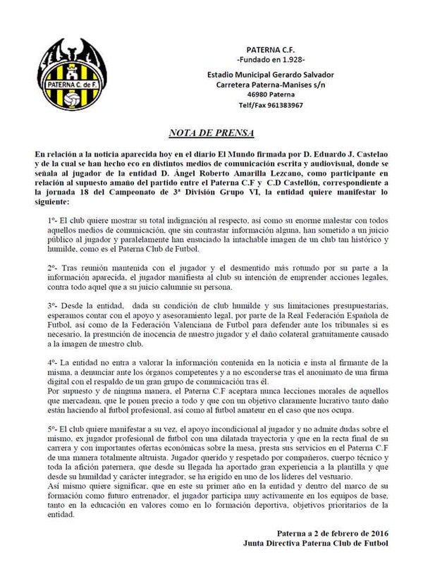 Paterna CF. Comunicado. amaño partido CD Castellón