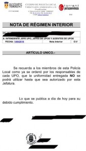 Torrent. nota interior Policia Local. Caso Uniformes