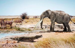 Un cocodrilo junto a un mastodonte del género Anancus y caballos primitivos del género Hipparion en un ambiente similar a lo que pudo ser Valencia hace seis millones de años. / José Antonio Peñas (SINC)