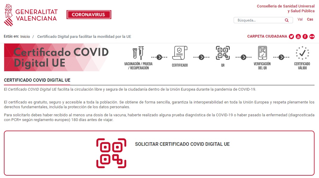 Página web de Sanitat en la que se puede descargar e imprimir el certificado Covid