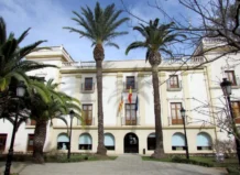 Vista del Ayuntamiento de Moncada con palmeras y banderas