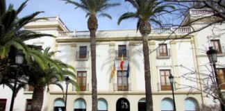 Vista del Ayuntamiento de Moncada con palmeras y banderas