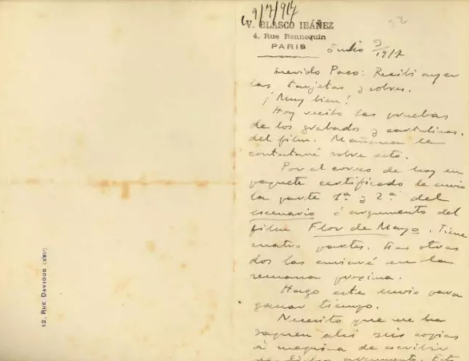 carta manuscrita Vicente Blasco Ibáñez