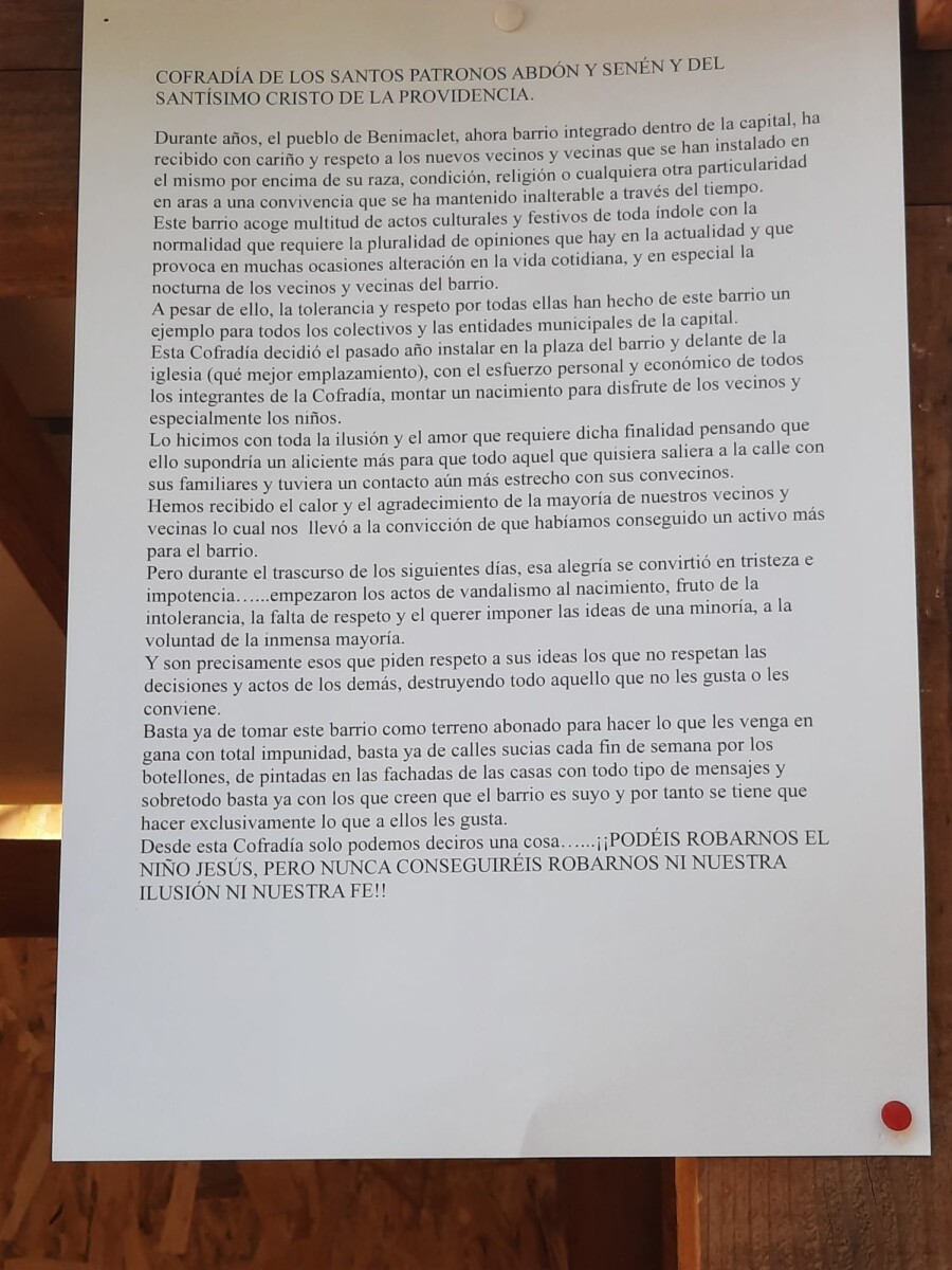 Mensaje publicado junto al nacimiento