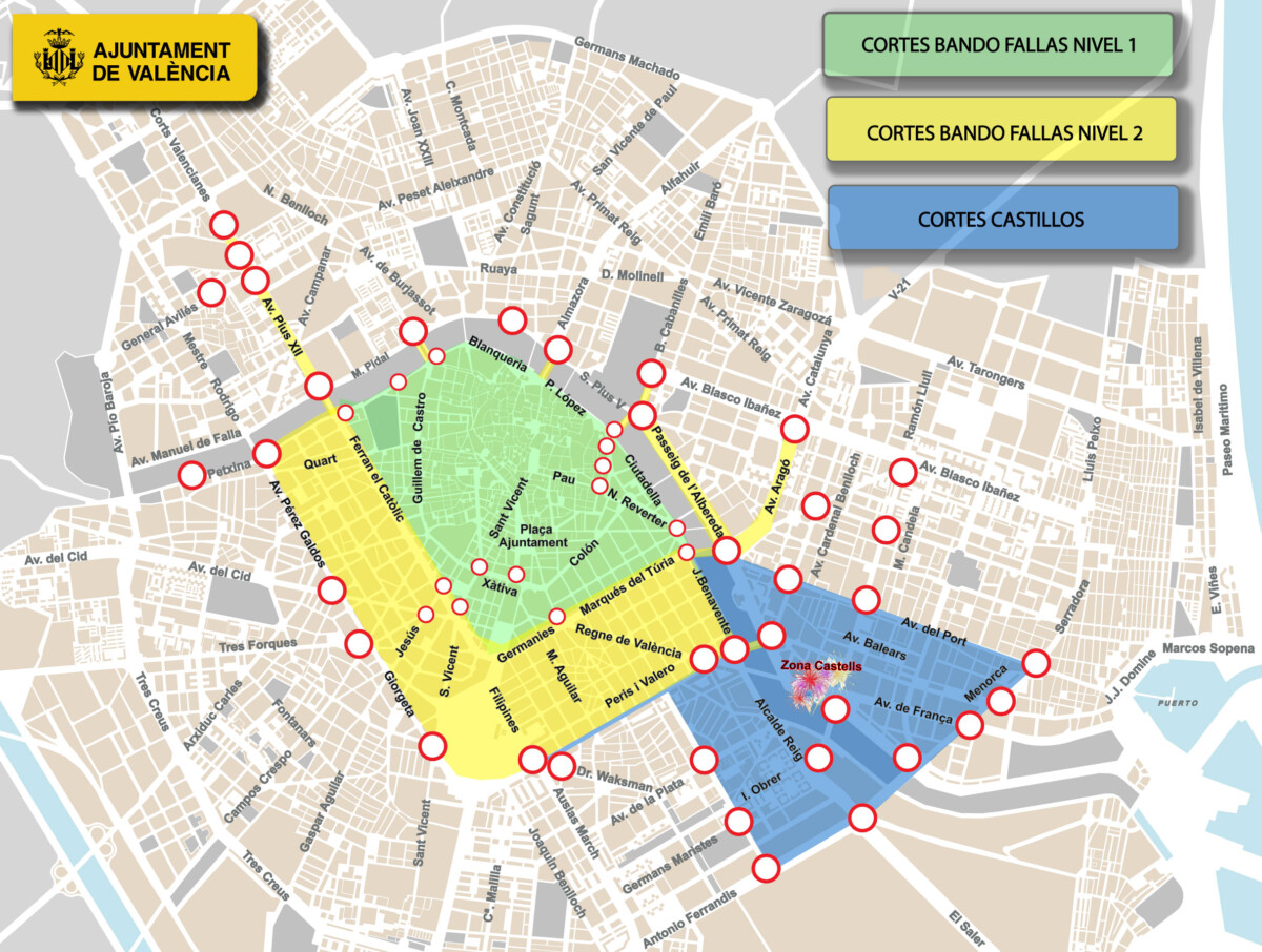 Cierre del centro de Valencia al tráfico por Fallas