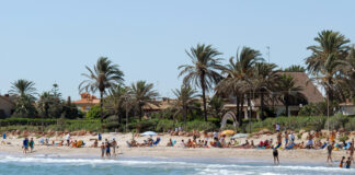Playa del Puig con palmeras y personas disfrutando del sol