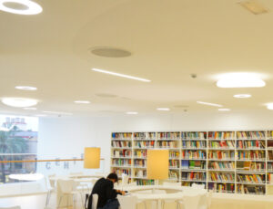 Interior de la biblioteca de Paiporta con estanterías llenas de libros