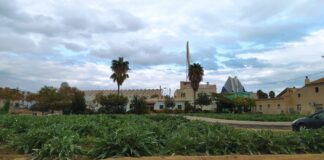 Vista del proyecto Horta-Tech en Valencia con cultivos y edificios modernos.