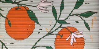 Pintura de naranjas y flores en una persiana de comercio en Russafa.