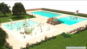 Render de la nueva piscina municipal de Silla con áreas recreativas