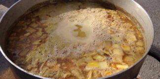 Gran olla con caldo hirviendo y trozos de ingredientes visibles