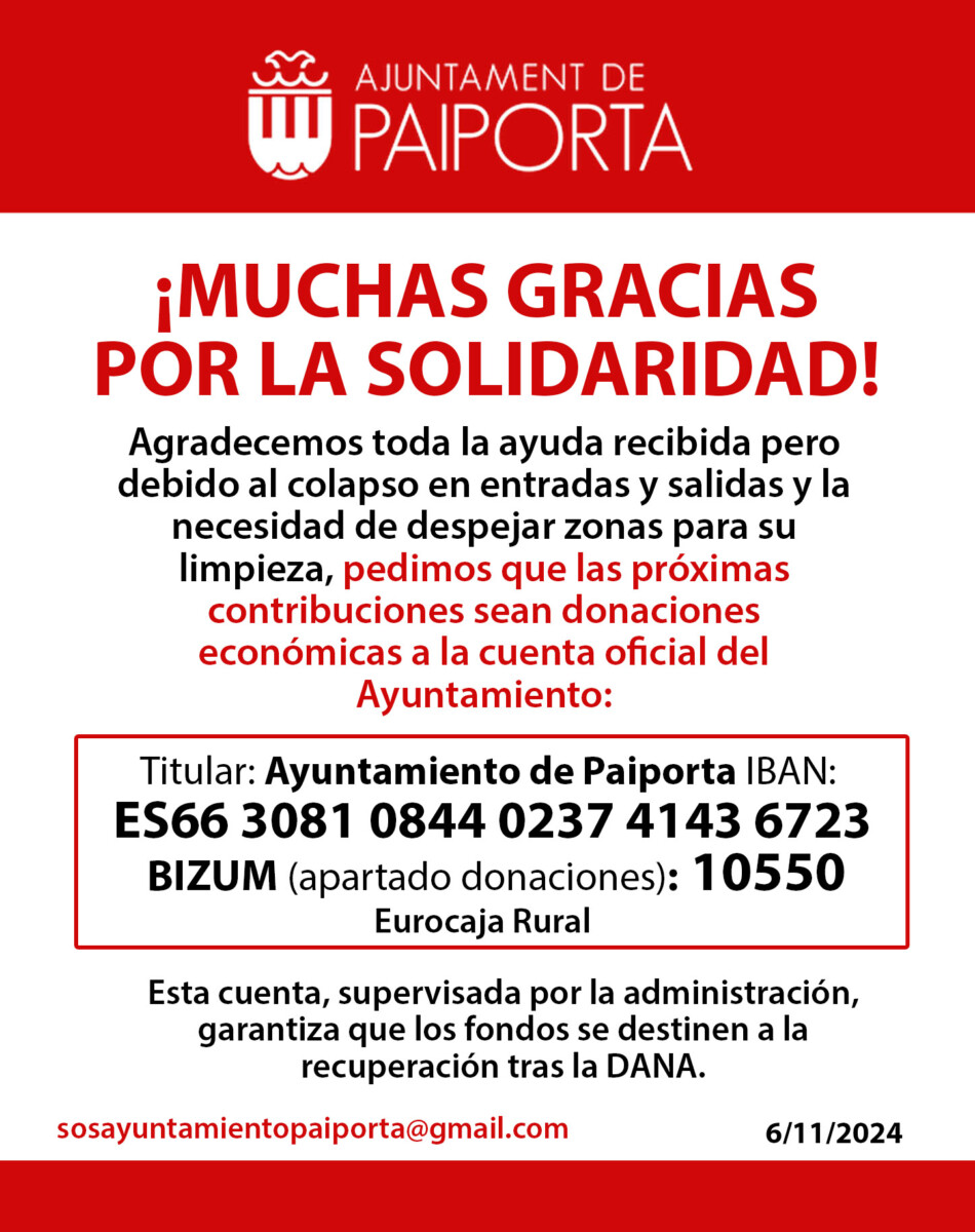Colapso logístico: Paiporta pide canalizar la ayuda a través de donaciones económicas