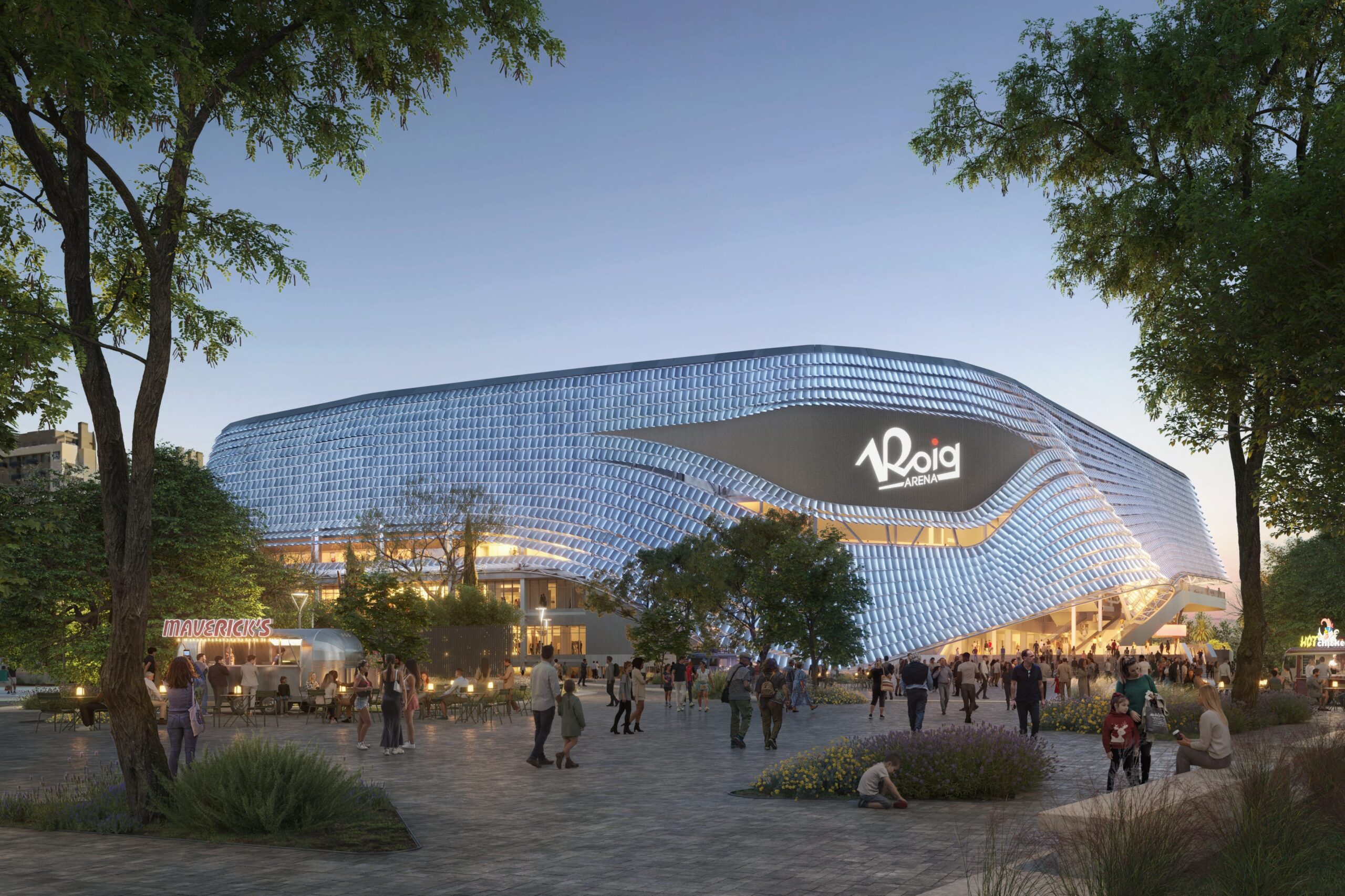 Vista exterior del Roig Arena en Valencia con gente alrededor