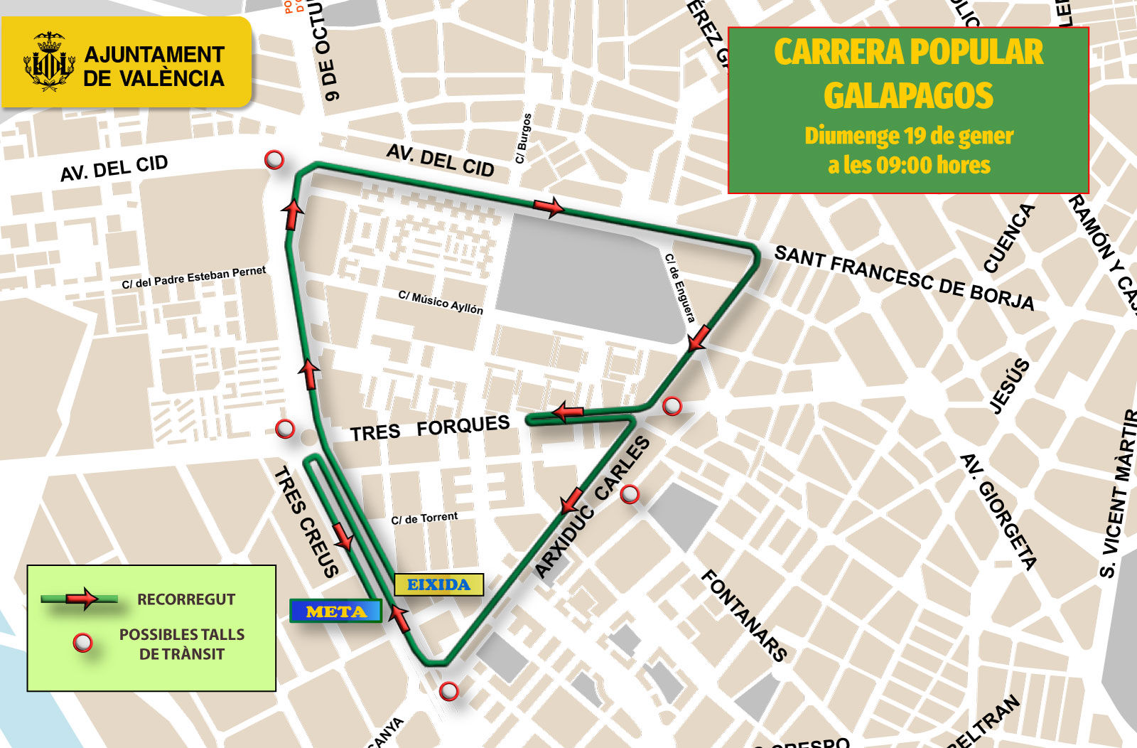 Mapa del recorrido de la XXVI Carrera Popular Galápagos en Valencia