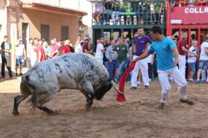 Un hombre con una capa roja frente a un toro en Almassora