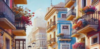 Balcones adornados con flores en el distrito Marítim de València