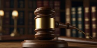 Martillo de juez sobre una mesa con libros de derecho de fondo