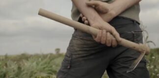 Persona sosteniendo una herramienta agrícola en un campo