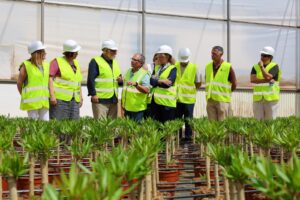 Visita de autoridades al vivero Herfesa en Torrent tras daños por DANA