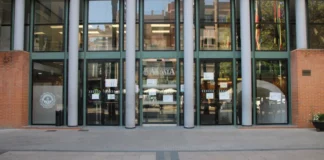 Fachada del ayuntamiento de Aldaia con banderas y acceso principal