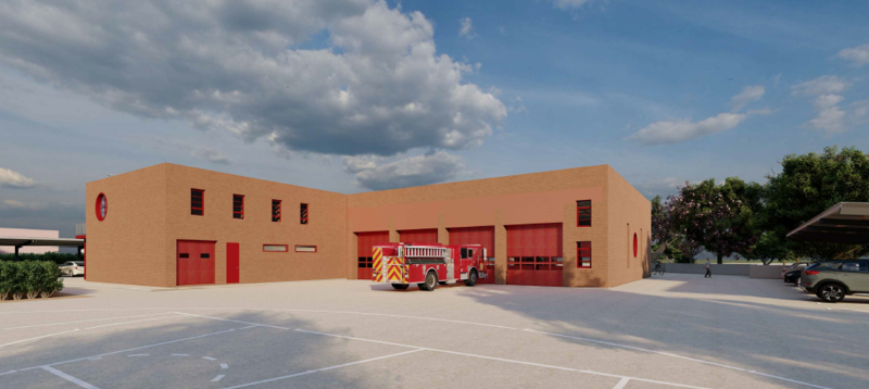 Vista exterior del nuevo Parc de Bombers de Torrent con camión de bomberos