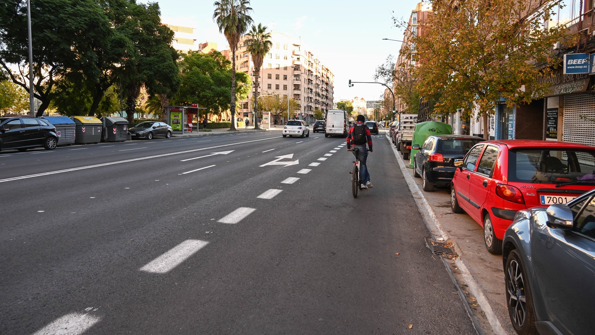 Carril bici en la avenida Gaspar Aguilar de Valencia con ciclista