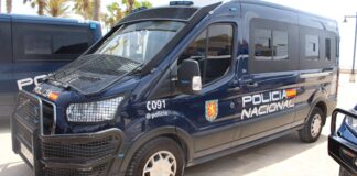 Furgón de la Policía Nacional en Valencia, estacionado junto a palmeras.