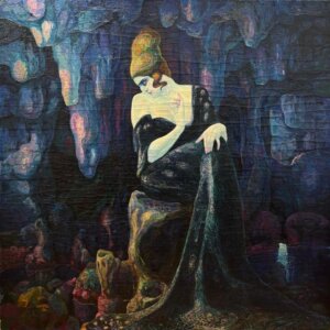 Pintura de mujer en cueva con vestido oscuro y fondo colorido