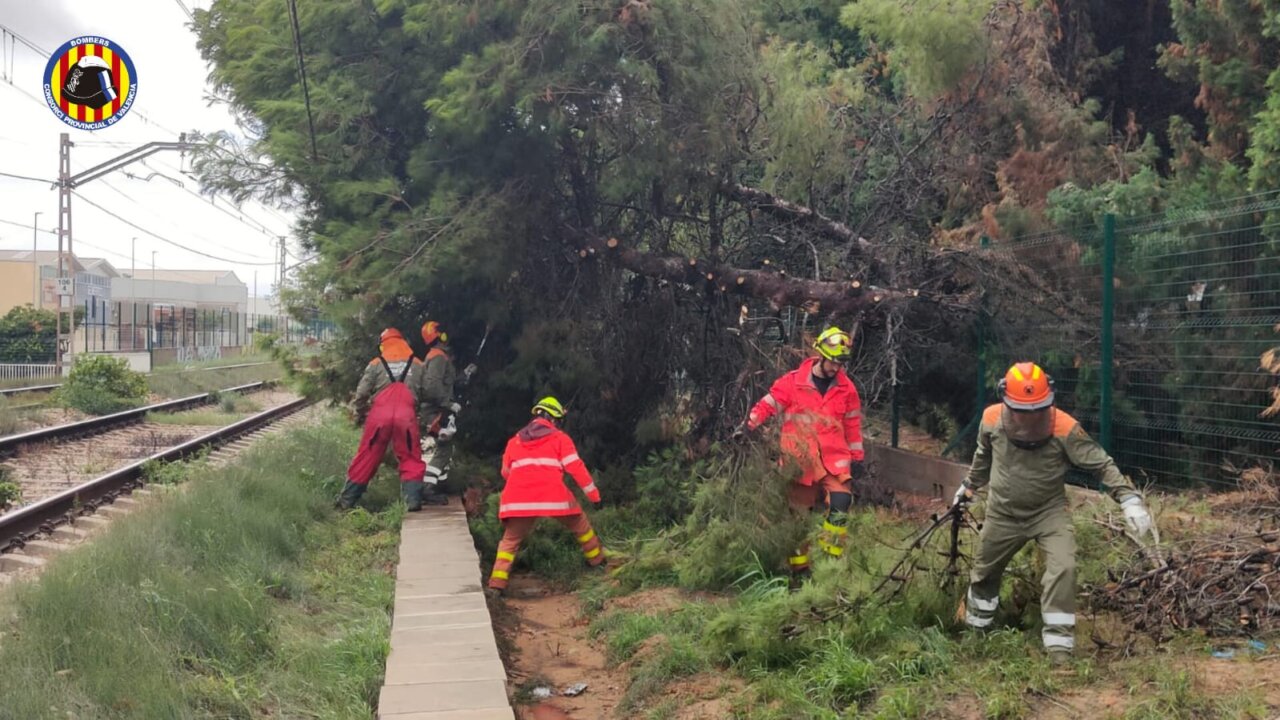 Bomberos trabajando para retirar un árbol caído sobre las vías del metro en Valencia
