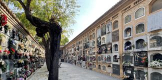 Vista del cementerio de Tots Sants en Valencia con flores decorativas
