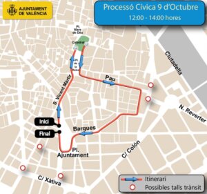 Mapa del dispositivo de tráfico para el 9 de Octubre en Valencia