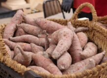 La Fira del Boniato llena las calles de Albal con más de 70 puestos y actividades sobre el medio ambiente Cesta con boniatos en la Fira del Moniato de Albal