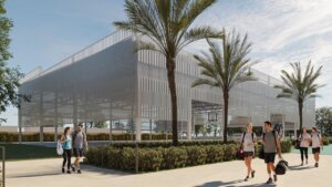 Render del nuevo polideportivo en Picassent con personas caminando