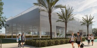 Render del nuevo polideportivo en Picassent con personas caminando