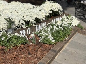 Ceremonia de homenaje con flores blancas y letrero en Albal
