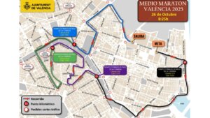 Mapa del recorrido del Medio Maratón de Valencia 2025 con puntos de interés.