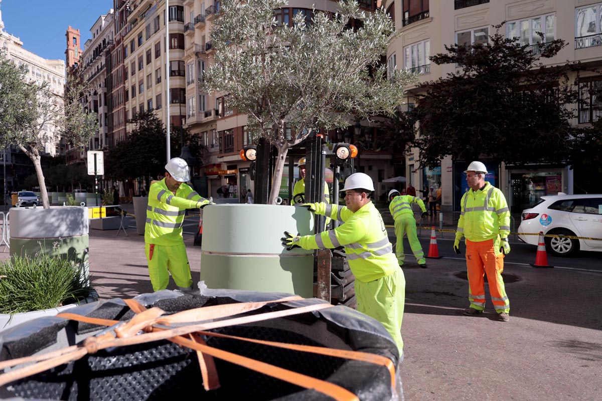 Trabajadores colocando nuevos maceteros en la plaza del Ayuntamiento de Valencia