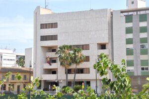 Edificio del Ayuntamiento de Paiporta con palmeras en primer plano