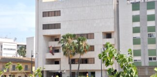 Edificio del Ayuntamiento de Paiporta con palmeras en primer plano