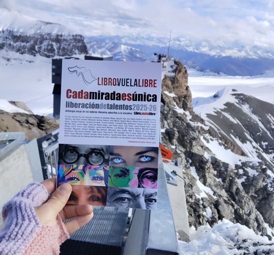 Persona sosteniendo una antología en el Glaciar de los 3000