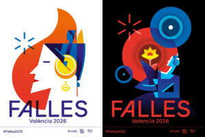 Cartel gráfico de las Fallas de Valencia 2026 con colores vibrantes.