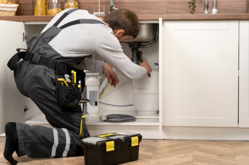 Fontanero realizando reparaciones bajo el fregadero de la cocina