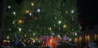 Árbol decorado con luces navideñas en Torrent durante la inauguración