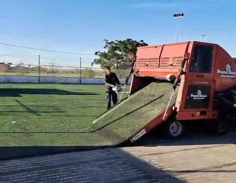Trabajador retirando la antigua gespa del campo de futbol en Silla