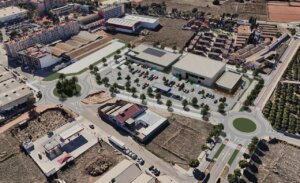 Vista aérea del nuevo parque comercial en Moncada con áreas de estacionamiento