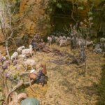 Representación de pastores y ovejas en un paisaje rural