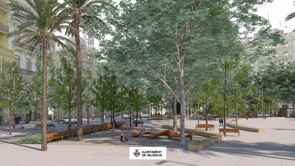 Vista de la plaza del Ayuntamiento con árboles y bancos