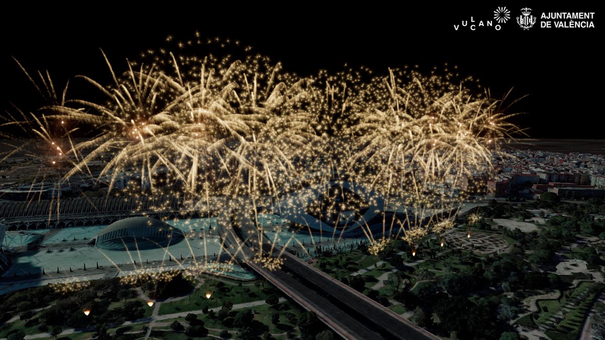 Espectáculo de fuegos artificiales en la Ciutat de les Arts i les Ciències de Valencia.