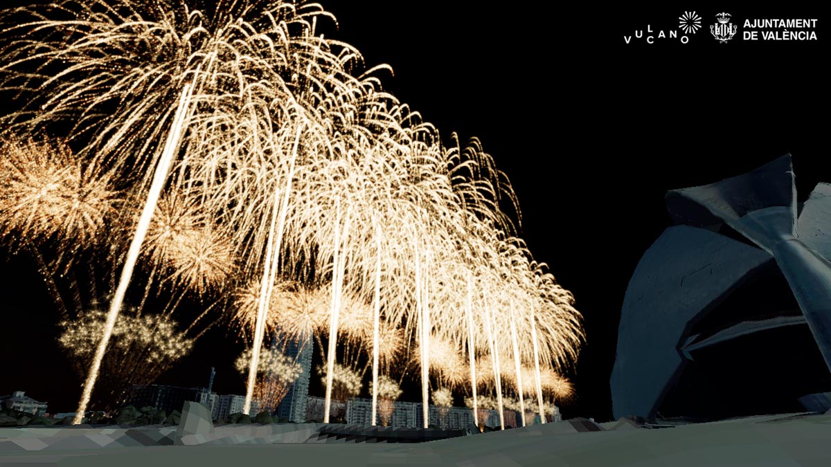 Espectáculo de fuegos artificiales en la Ciutat de les Arts i les Ciències de Valencia.